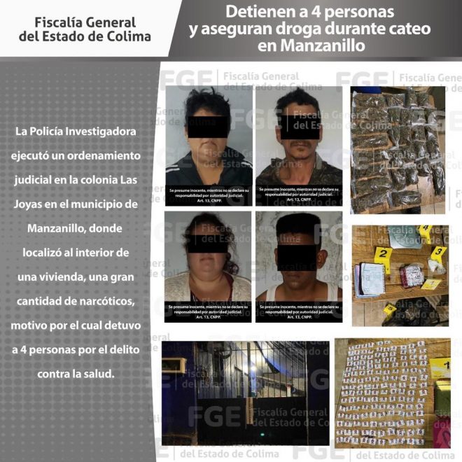 Detienen a 4 personas y aseguran droga durante cateo en Manzanillo