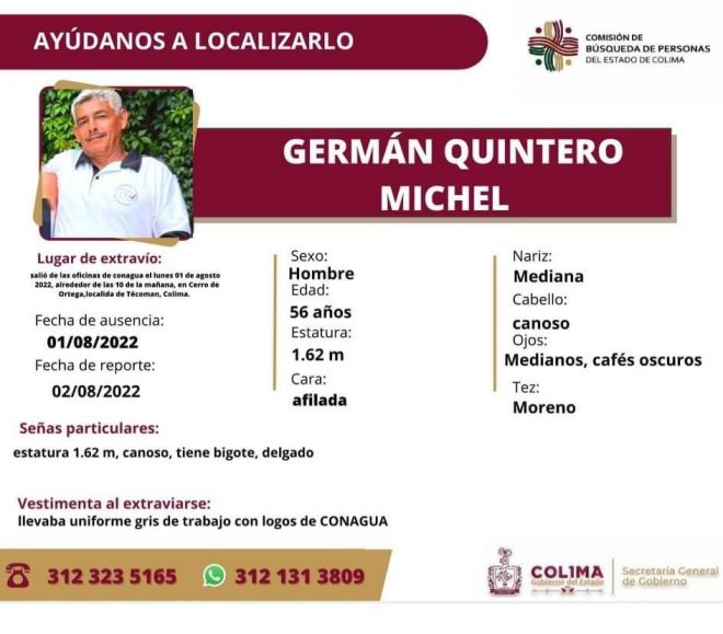 Todas las instituciones de la Mesa de Paz y Seguridad de Colima participan en la búsqueda del trabajador de Conagua, Germán Quintero