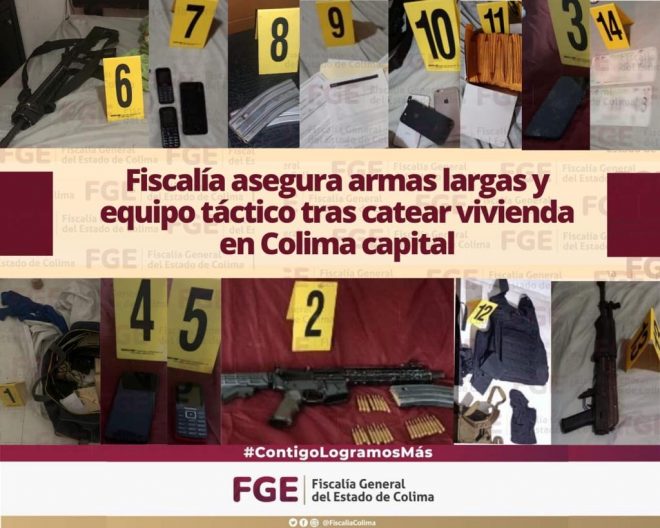 Fiscalía asegura armas largas y equipo táctico tras catear vivienda en Colima capital