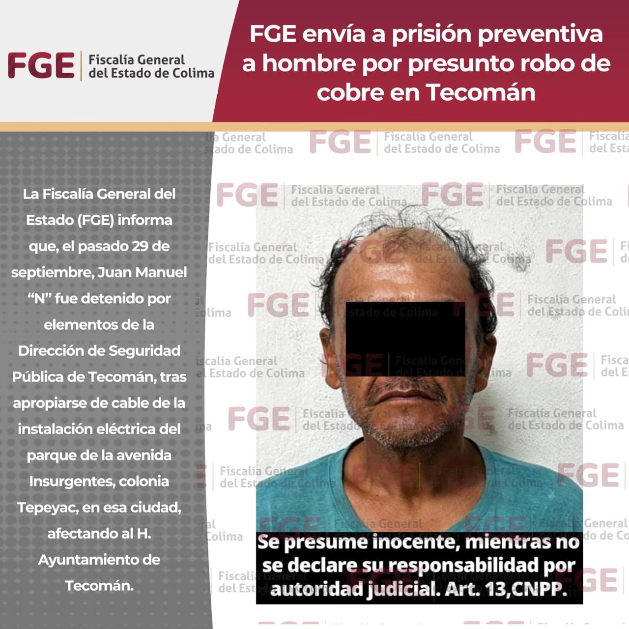 FGE envía a prisión preventiva a hombre por presunto r0bo de cobre en Tecomán