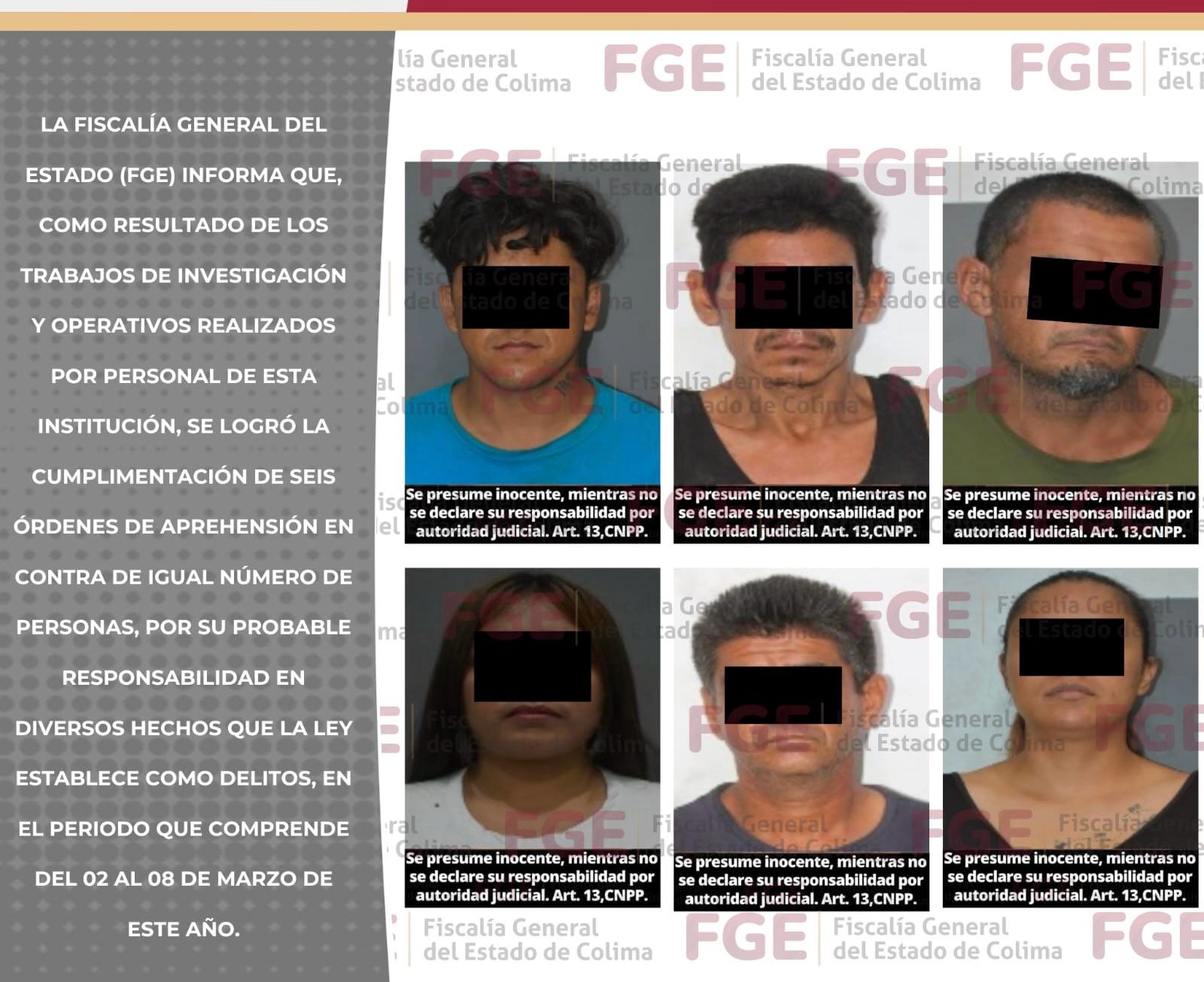 FGE cumplimenta órdenes de aprehensión contra seis personas por diversos d3lit0s