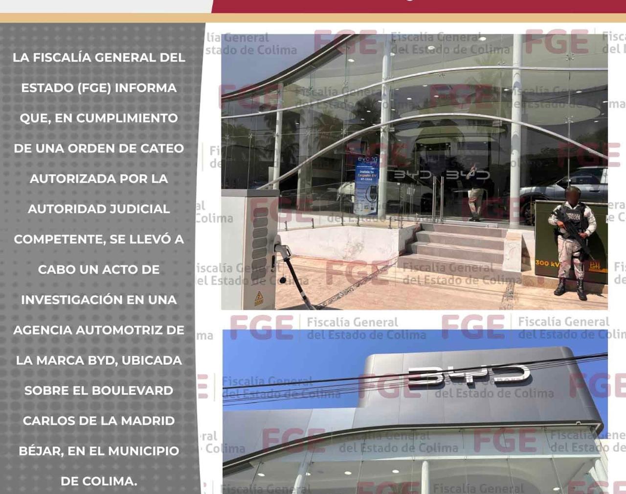 FGE ejecuta cateo en agencia automotriz BYD como parte de investigación por presunto d3l1to de t0rtur4 y m4los tr4tos.