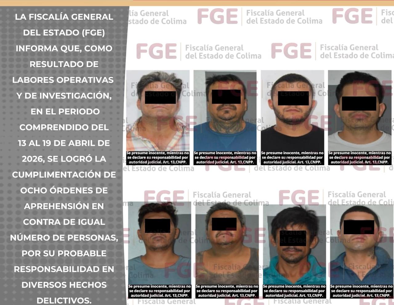 Cumplimenta FGE ocho órdenes de aprehensión por diversos d3l1tos